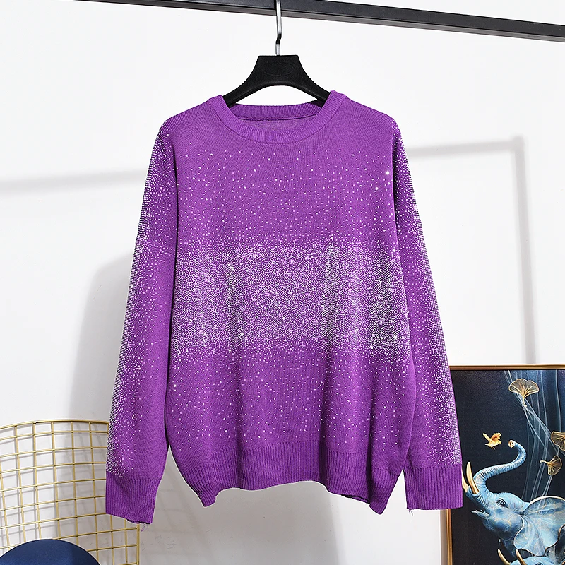 Hot Drilling Purple Knitting Two-piece Sets New Spring Autumn Luxury Diamonds Pullovers Sweater Top + Casual Sports Pants Suits