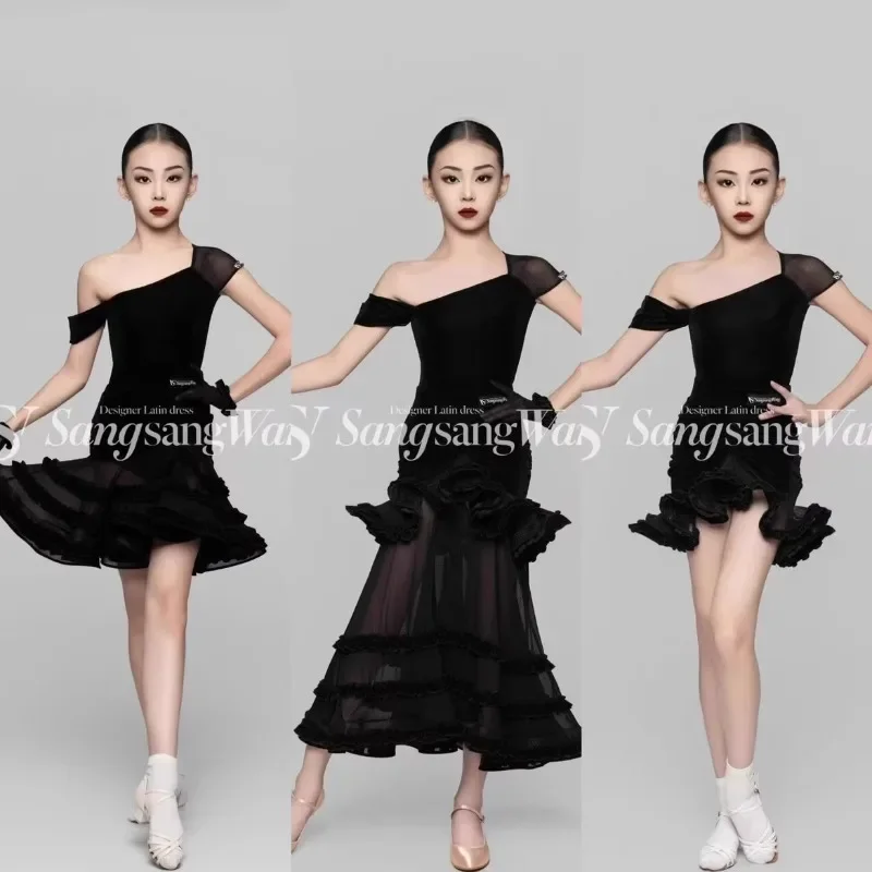 Dziewczęca sukienka do ćwiczeń latynoamerykańskich na zamówienie, nowoczesny zestaw trzyczęściowy z asymetrycznym ramieniem, spódnica konkursowa z siateczką, strój do występów.