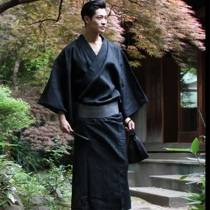 

Traditional Japan Kimono Yukata Mens 95% Cotton Dressing Gown Male Lounge Robes with Belt Plus Size Summer Pajamas set A52801