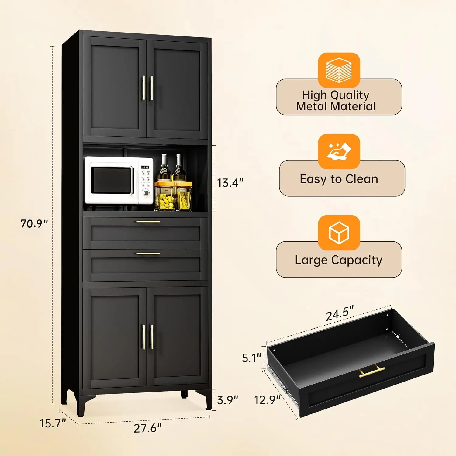 Kitchen Pantry Cabinet with Cable Holes & Adjustable Shelves, Metal Cabinet with Drawers for Kitchen & Bathroom, Customized