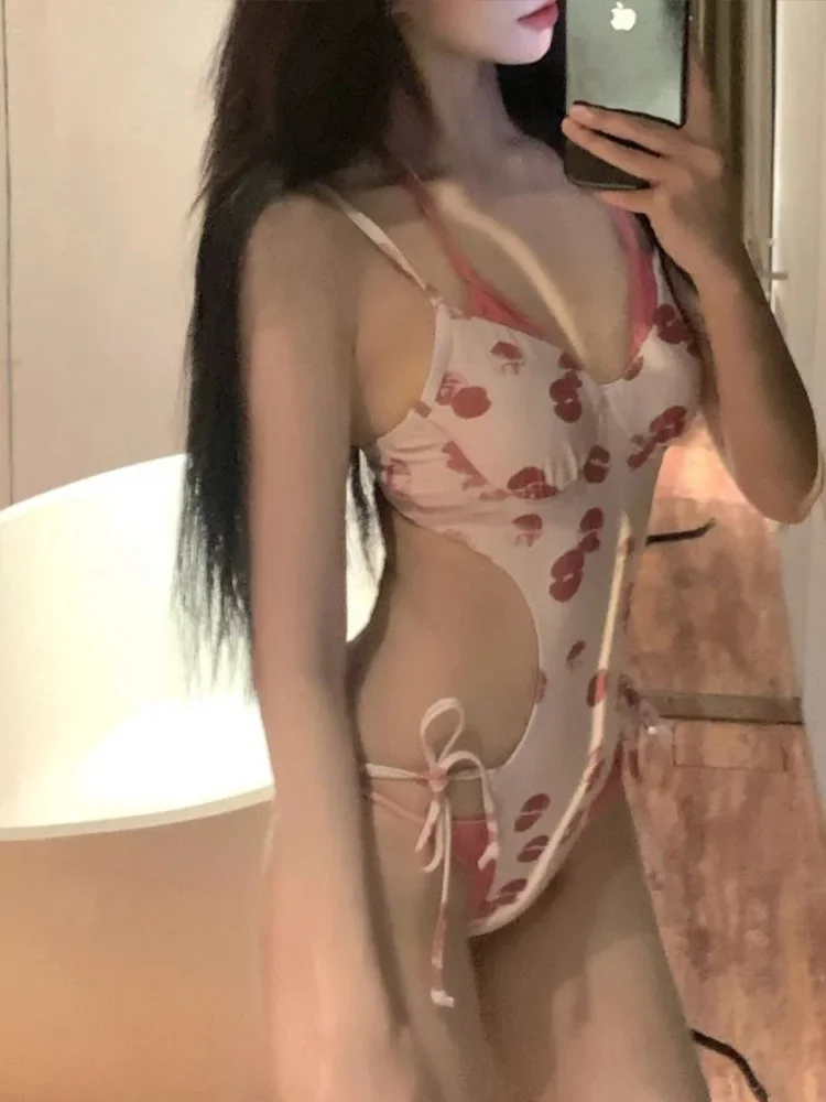Sexy Laced Up Backless Bikini Women Swimsuit High Waist Hollow Out Print Beach Bikini 2025 New Summer Swimwea One Piece Swimsuit