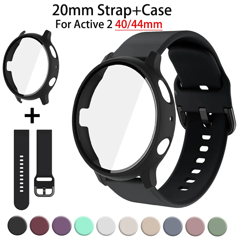 Pulseira de Silicone para Samsung Galaxy Watch, Pulseira, Protetor de Tela, Vidro Temperado, Faixa de 20mm, Active 2, 40mm, 44mm