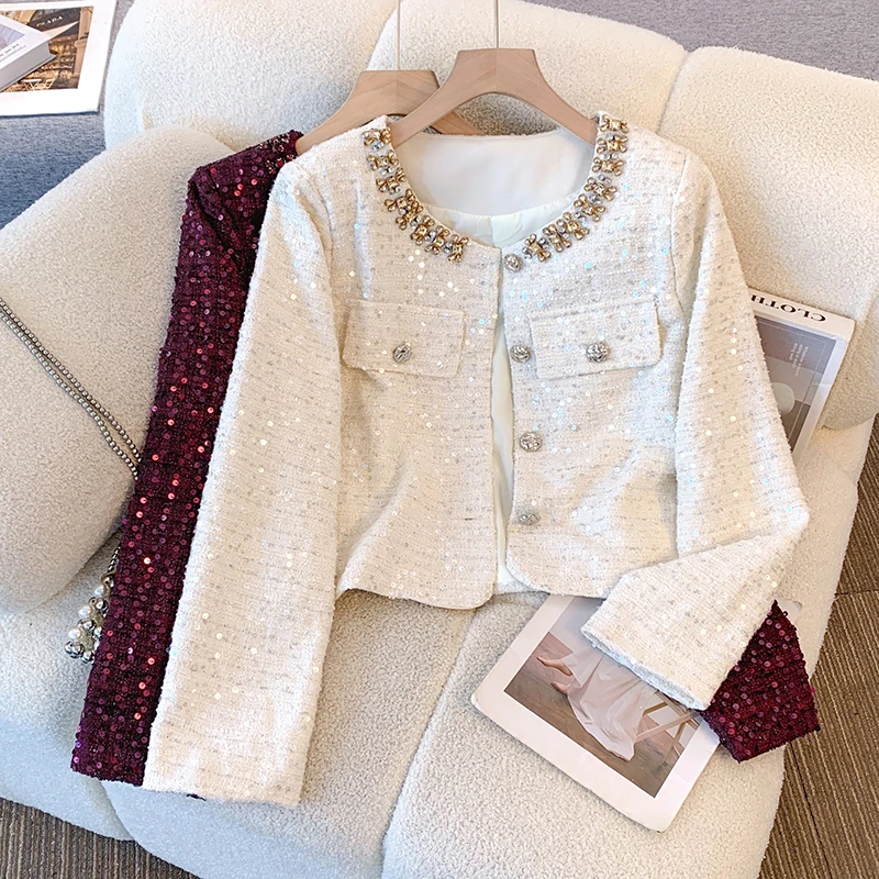 

Женская осенне-зимняя твидовая куртка с бриллиантами и круглым вырезом, длинными рукавами, женская элегантная однобортная блестящая свободная верхняя одежда с блестками