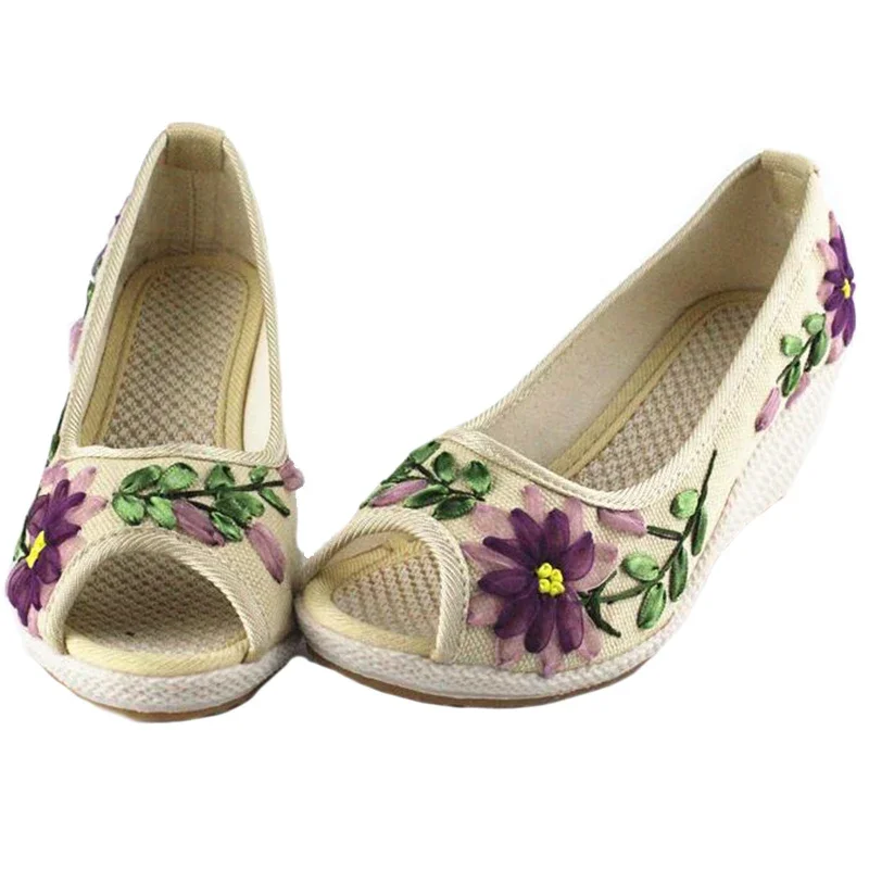 CEYANEAO Vintage Women Floral Pumps Embroidery Linen Shoes Retro Fabric Canvas Peep Toe Dance Wedges Single Heel Sandals