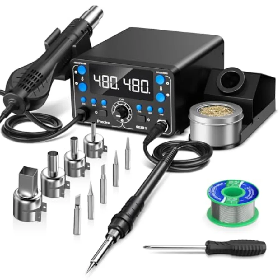 

D V Soldering Station 2-in-1 SMD Hot Air Rework Station with LED, Memory Presets, Sleep, Calibration, °C/ºF Includes Soldering