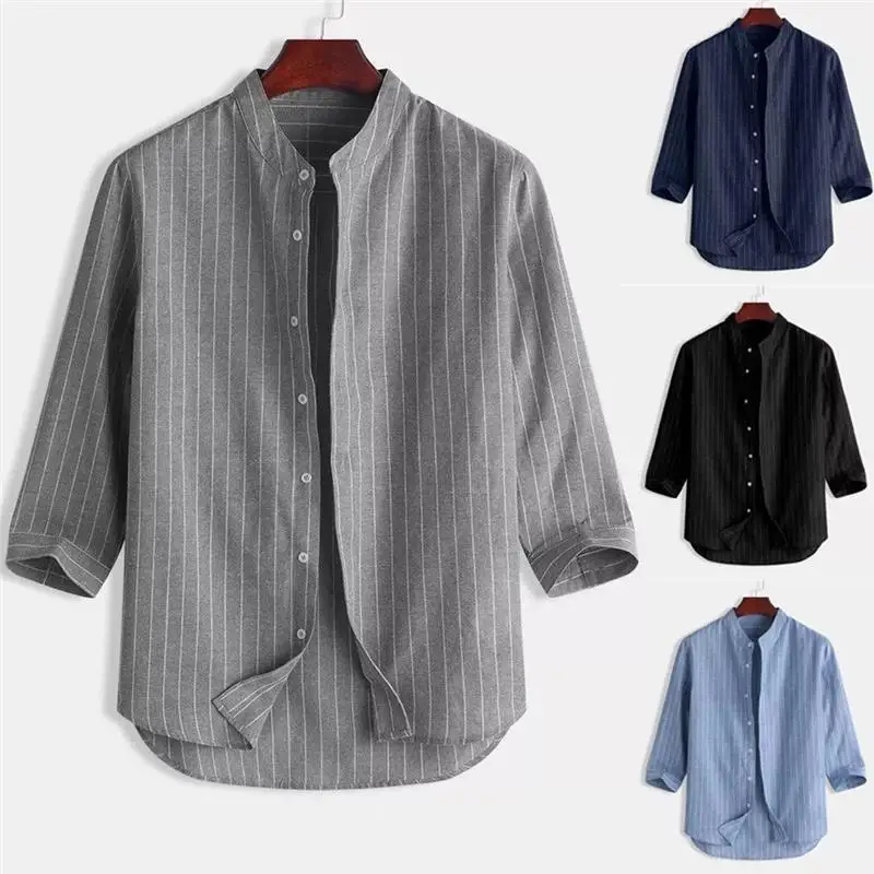 Korean Linen Stand Collar Loose 3/4 Sleeve Shirt Men's Casual Top