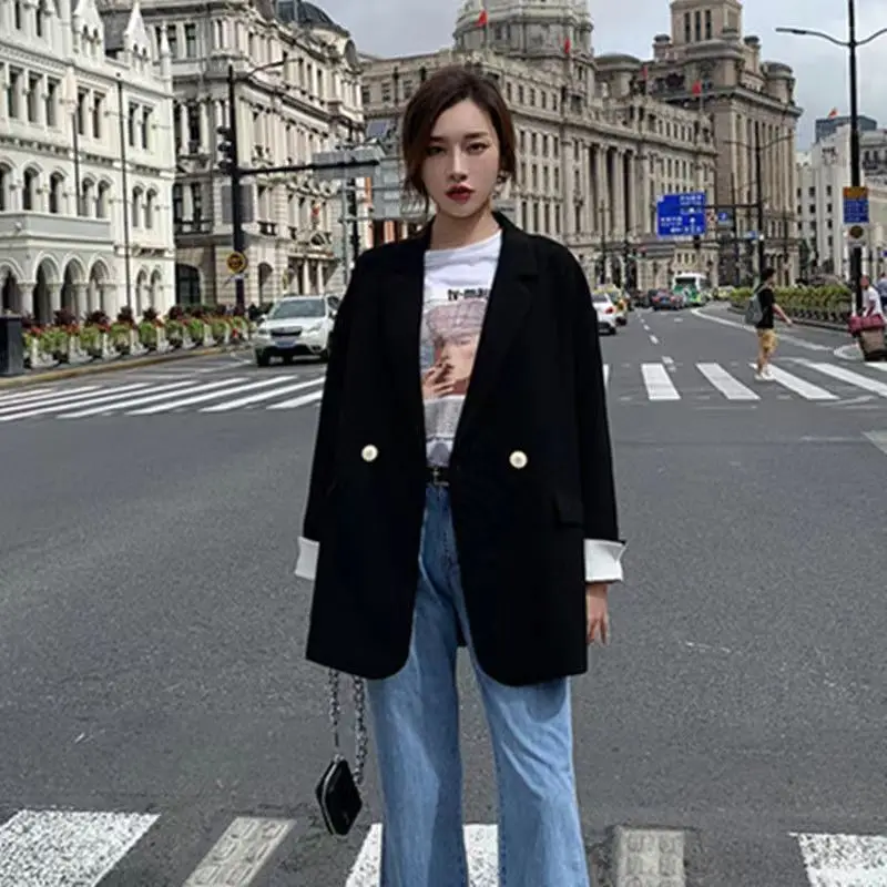 ロングブレザー女性春カジュアルオフィスレディラペルダブルブレストスリムフィットエレガントなソリッドカラーのファッションアウターミニマリスト