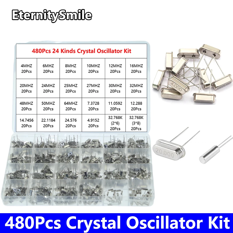 480Pcs/ Box Hc-49S 24 Kinds Crystal Oscillator Electronic Kit Resonator Ceramic Quartz DIP 6MHZ 8MHZ 10MHZ 12MHZ 16MHZ 32.768K