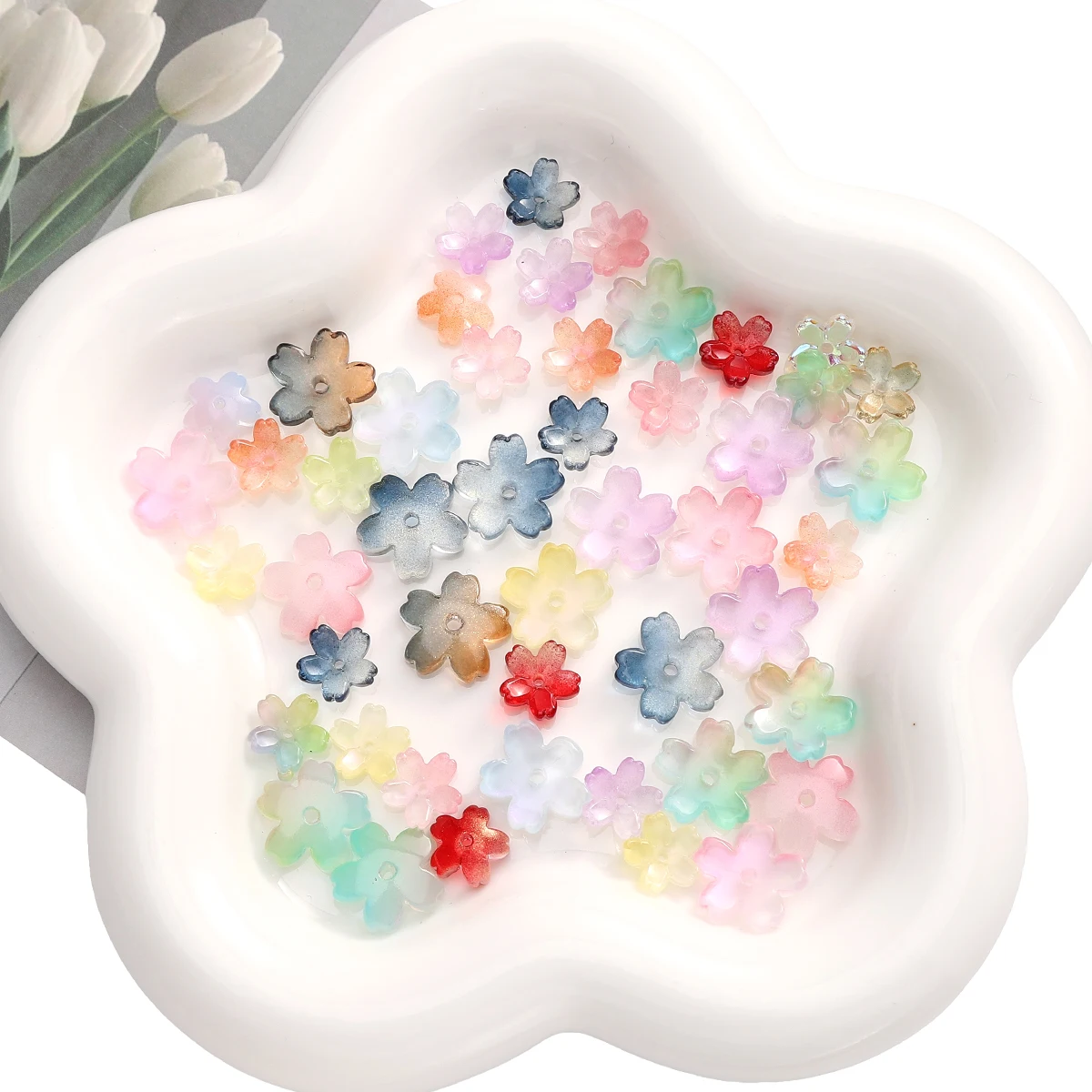 10pcs 11/15mm Gradient Color 3D Sakura Glass Beads Cherry Blossom Flower Loose Beads For Jewelry Making DIY Bracelet Accessories