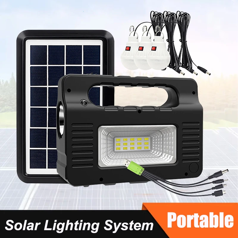 Portable Power Station Solar Lighting System with 3 Bulb 6W Solar Panel Mobile Power Supply Emergency Outdoor Power Bank Camping