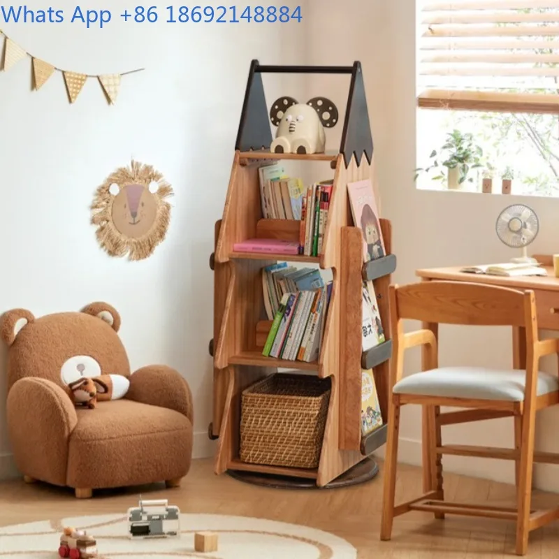Scaffale girevole a 360 gradi Scaffale per libri illustrati in legno massello Area lettura Libreria Organizzatore di stoccaggio da pavimento per uso domestico