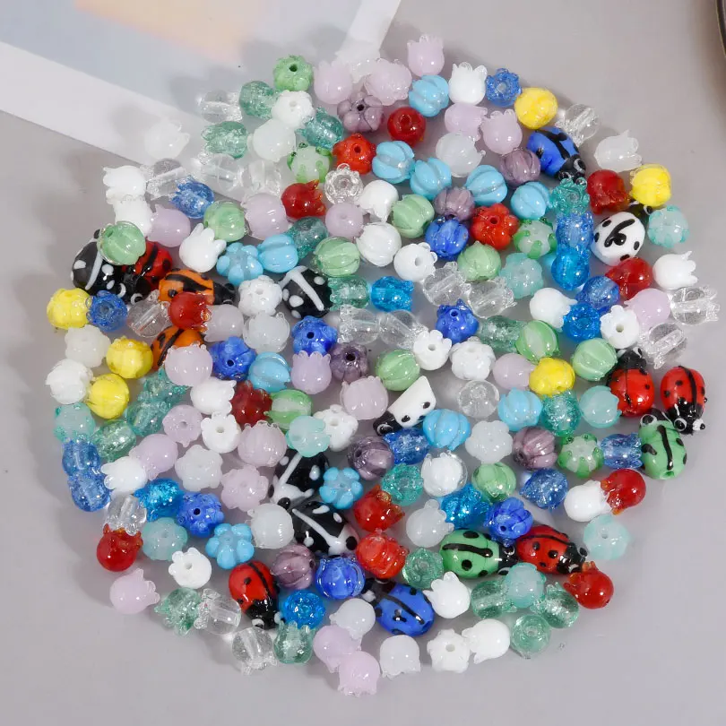 20pcs/Lot Cute Bell Orchid Bead Seven Star Ladybug Glass Bead Used For Diy Bracelet Earring Handmade Decorative Accessories Gift