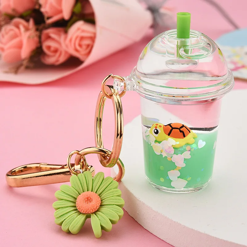 Creative Acrylic Milk Bottle Tortoise Penguin Keychain Simulation Cup Liquid Quicksand Key Chain Women Couple Bag Charm Keyring