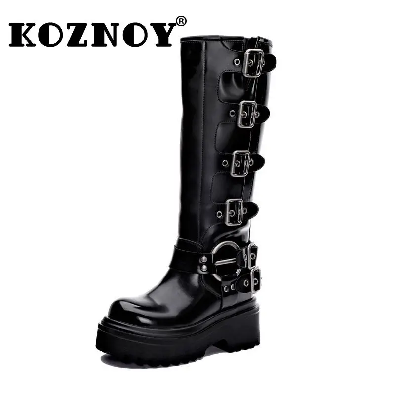 

koznoy 9cm Women Knee High Boots Vintage Punk boots Genuine Leather Platform Women Boots Chunky Heel Motorcycle Boots for Women