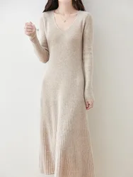 Mini Star Women Sweater Wool Dress V-neck Pullover 100% Merino Wool Knitwear Autumn Winter Cashmere Soft Fit-Flare A-Line Skirts