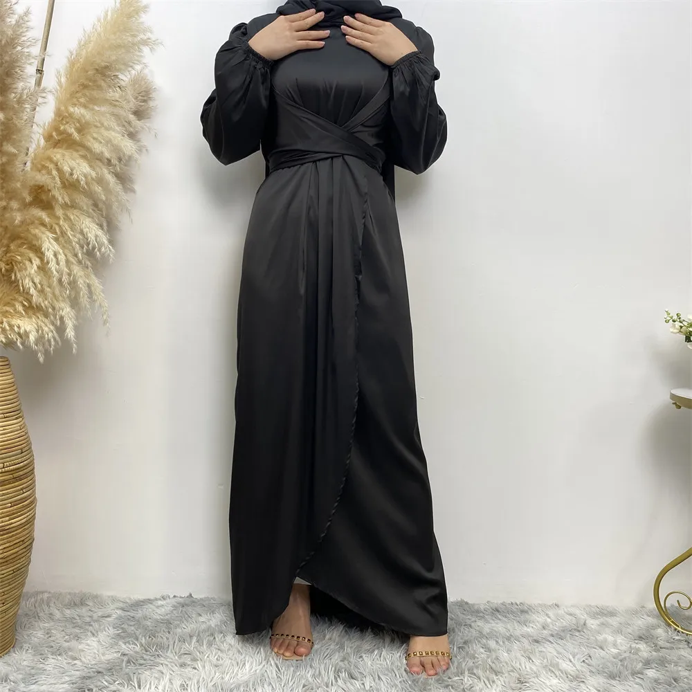 

Elegant Women Maxi Muslim Satin Dress Sexy Leg Slit Lace up Evening Prom Bridesmaid Dresses