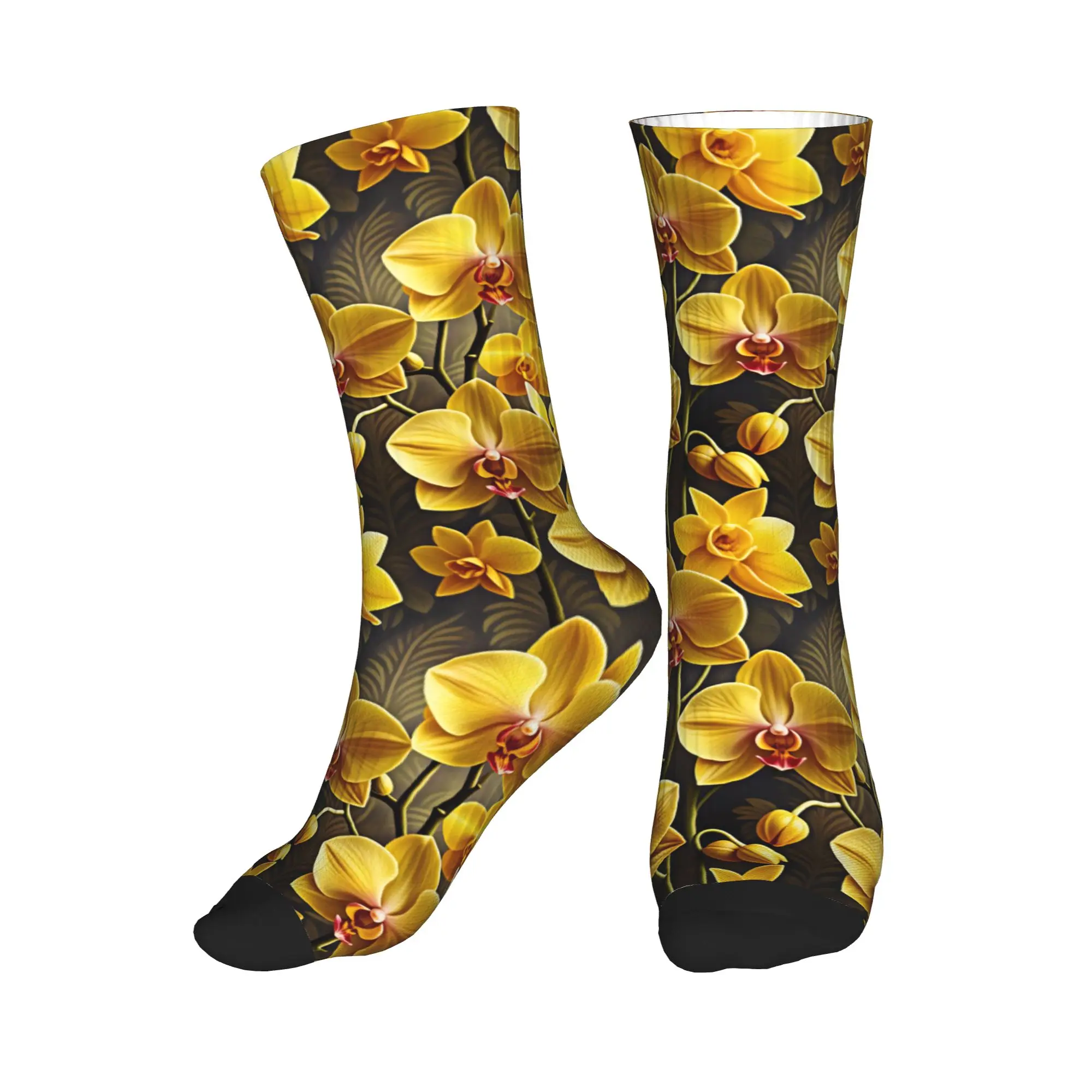 

Vintage Dark Tone 3D Relief Golden Orchid Floral Men's Crew Socks Unisex Novelty 3D Printed Dress Socks