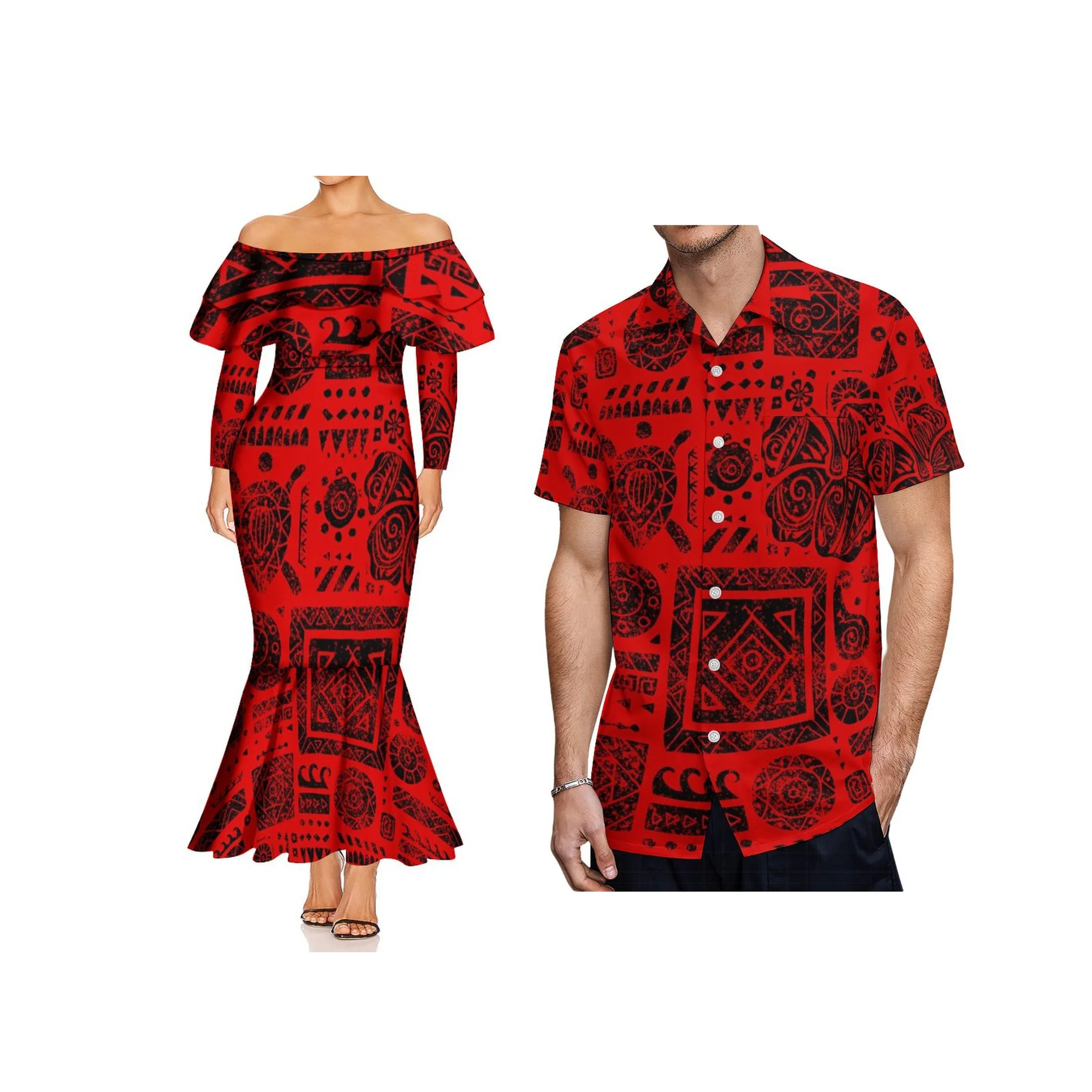 Print on Demand Fishtail-jurk met dubbele ruches en lange mouwen Hawaii-stijl ontwerp Dame off-shoulder zeemeermin galajurk Bodycon-jurk