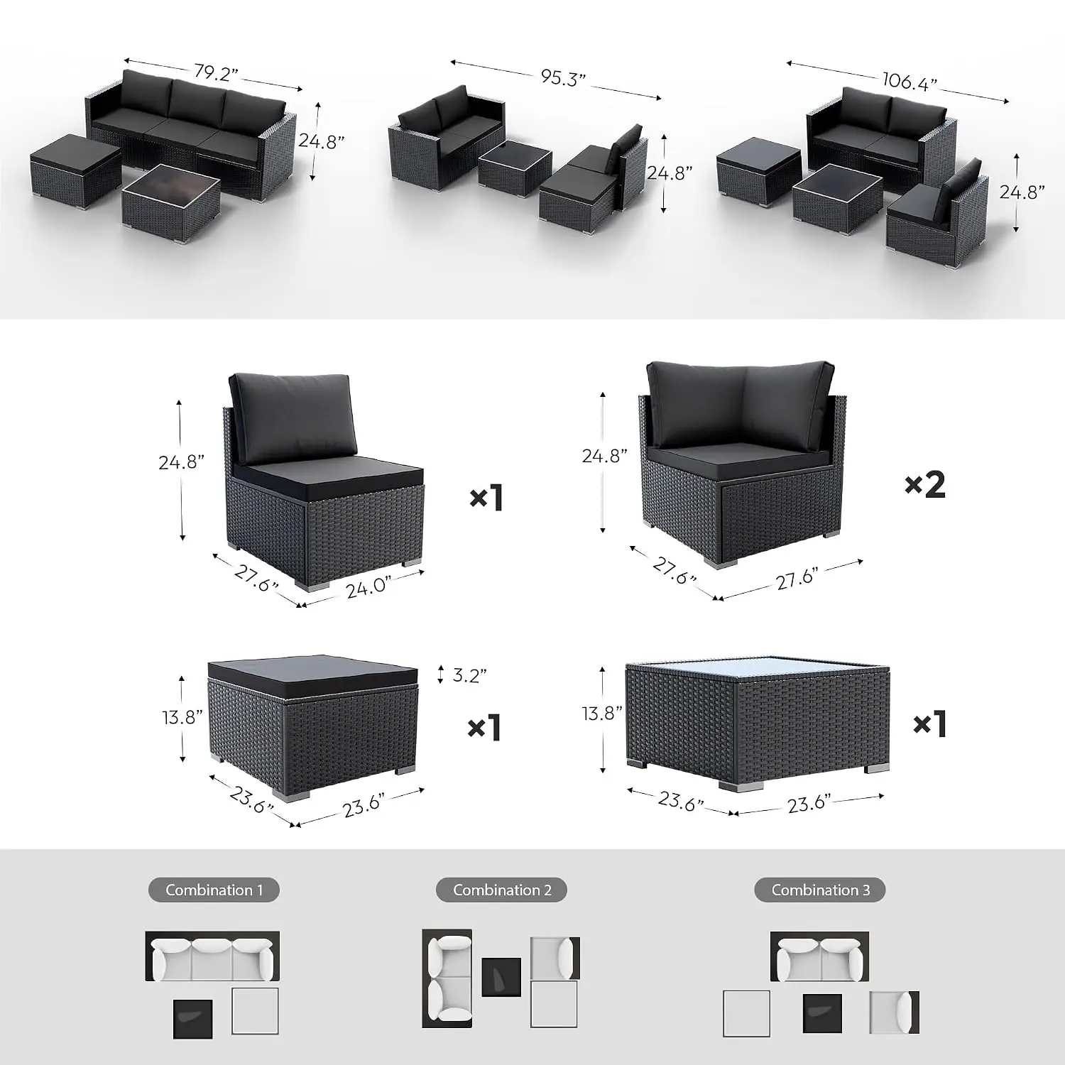 Patio Furniture Set 5 Piece - Wide Armrests - All-Weather Wicker Rattan Outdoor Conversation Couch Sets, Modular, Customized