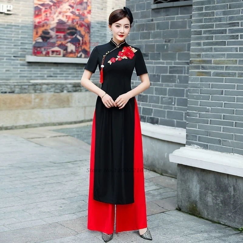 2024 vietnam woman ao dai dress chinese elegant cheongsam dress+pants set vintage flower embroidery banquet evening qipao dress