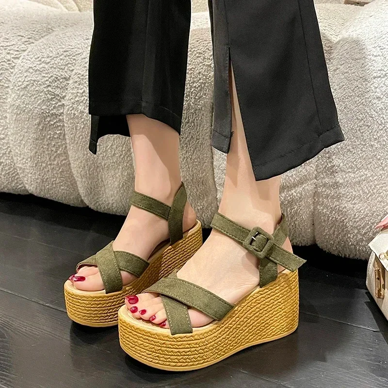 **New Fashion Summer Waterproof Platform Thick-soled Buckle High Heels Comfortable Heels Suede Light Casual Women's Shoes