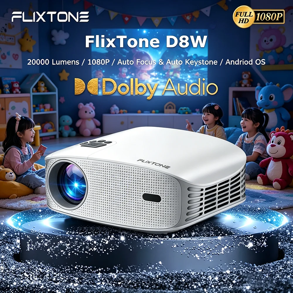 Proyector FlixTone D8W 1080P, 20000 Lúmenes, Mini Enfoque Automático, Full HD, Compatible con 4K, Android Smart Home Cinema, con Audio Dolby
