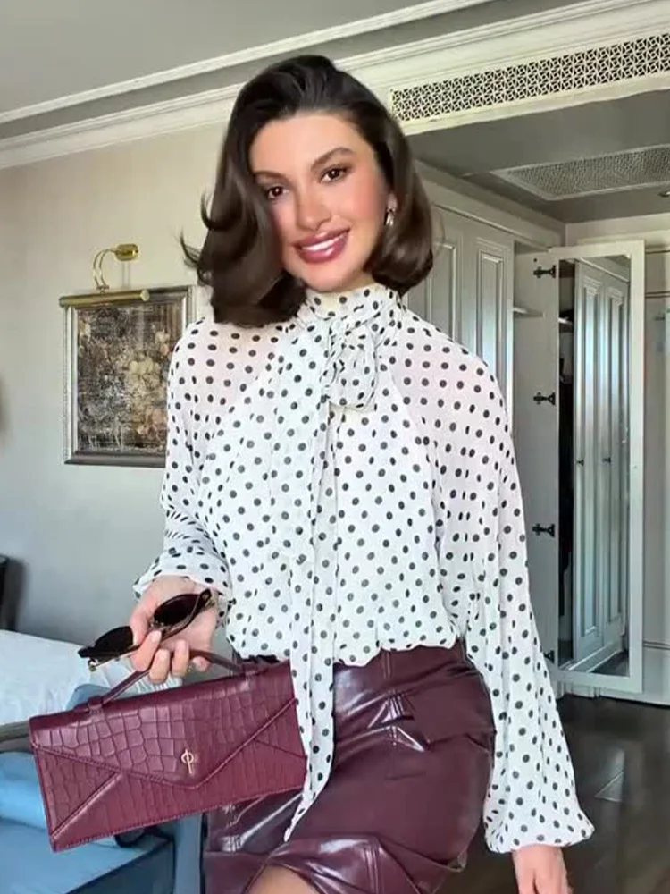 

HH Women's 2026 Spring Fashion Versatile Scarf Collar Polka Dot Print Long Sleeve Shirt Female High Street Casual Pullover Shirt