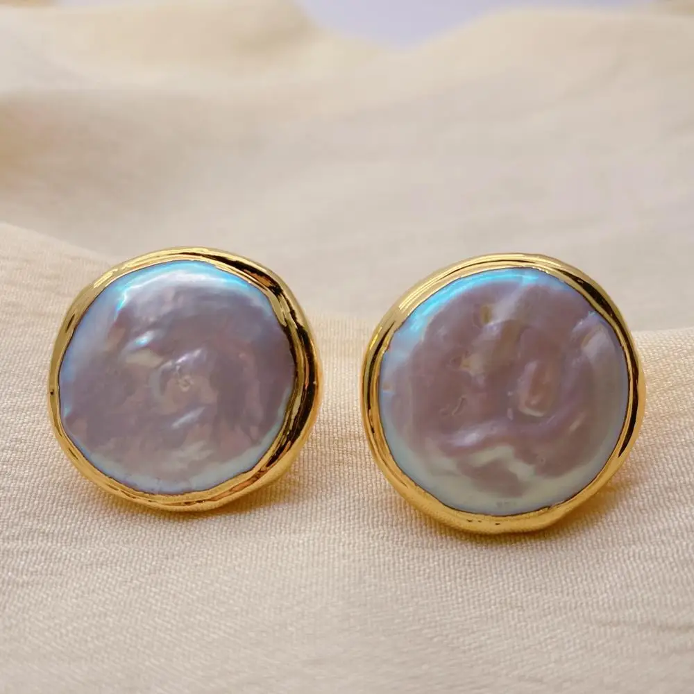 Cultured White Coin Pearl 25mm Big Stud Earrings Wedding Jewelry