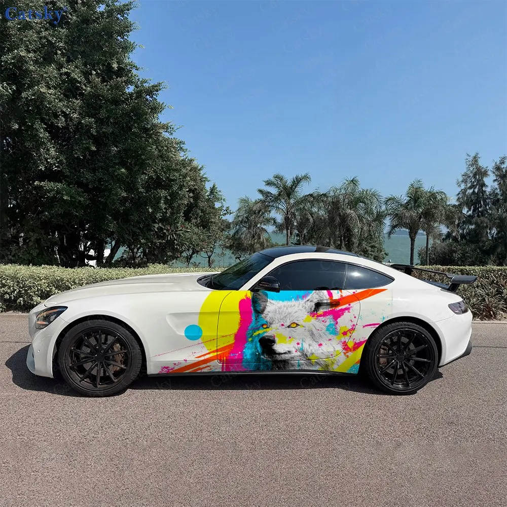 2pcs Dynamic Color Gray Wolf Car Side Wraps, Self-Adhesive PVC Waterproof & Scratch-Resistant Stickers, Car Accessory Gift