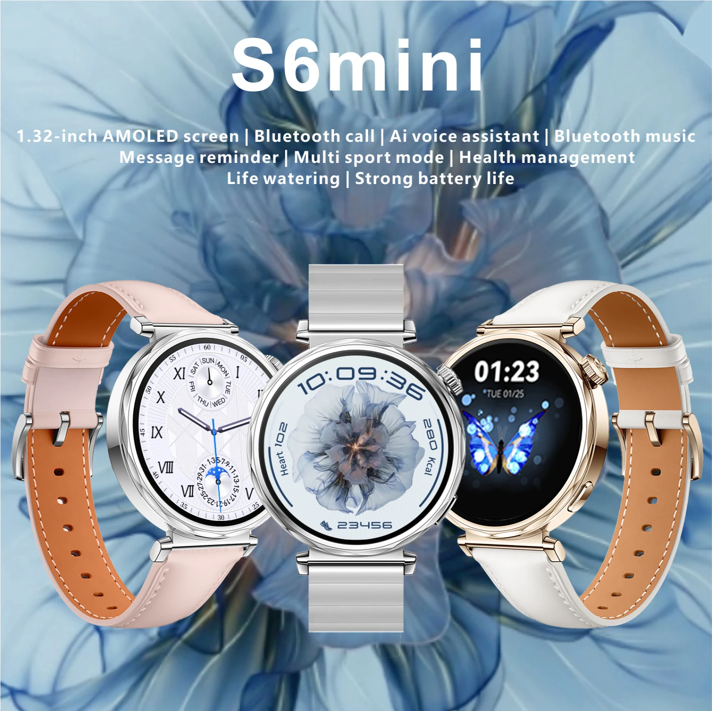 

2025 New S6mini Wireless SmartWatch Bluetooth Call 1.32 Inch AMOLED Health Monitor Silicone+Steel Strap Two Straps Women's Watch