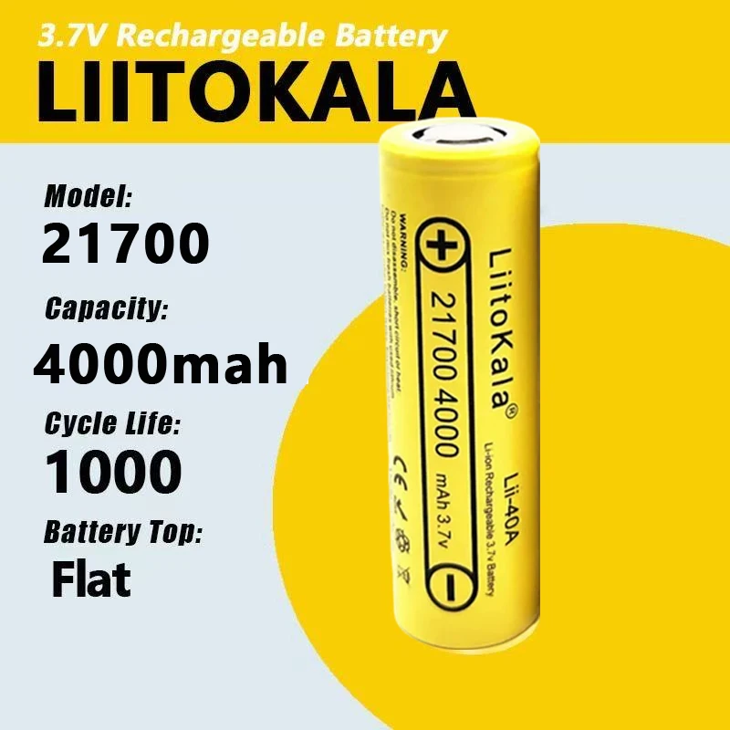 LiitoKala 3,7 V 21700 4000 mAh wiederaufladbarer Akku Lii-40A Li-Ionen-Akku 14,8 W für Elektrofahrrad-Scheinwerfer-Werkzeug, echte Kapazität