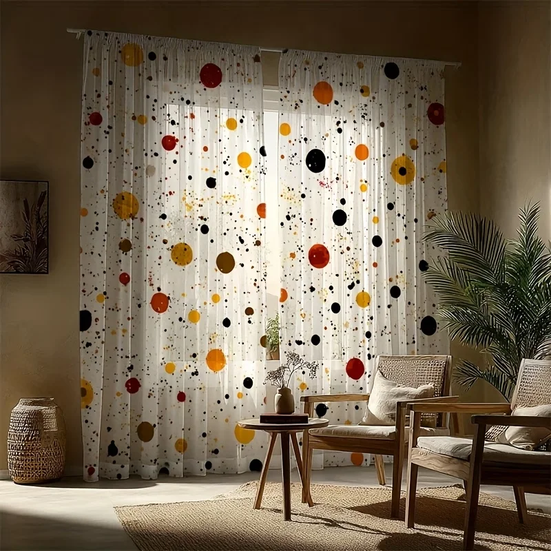 2PCS Digital Printing Sheer Curtain, Colorful Ink Splatter Polka Dots Pattern, Modern Artistic Abstract Creative Home Decor