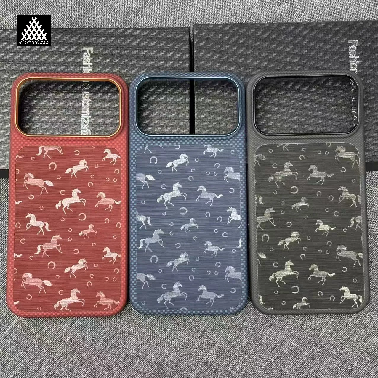 

For iPhone 17 Pro Max Real Aramid Kevlar Fiber +Leather Painting Horse Super Light Magsafe Magnetic Case with Metal Camera Frame
