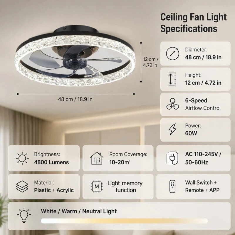 Afbeelding 7: Moderne inbouw plafondventilator met verlichting APP afstandsbediening dimbaar mute slaapkamer woonkamer keuken decor plafondventilatoren lamp