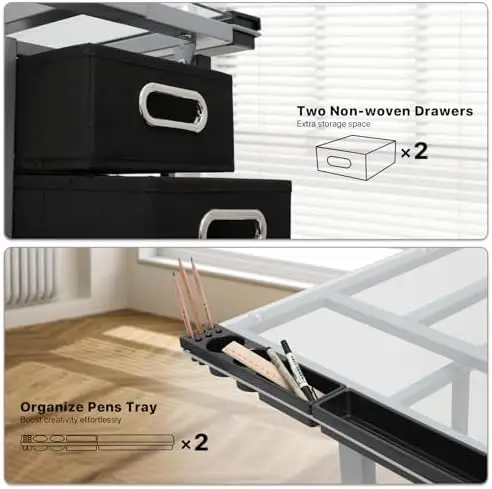 41" Drafting Table Adjustable Angle Drawing Table Tempered Glass Art Desk Metal Frame Craft Desk for Artist with Fabric view 3