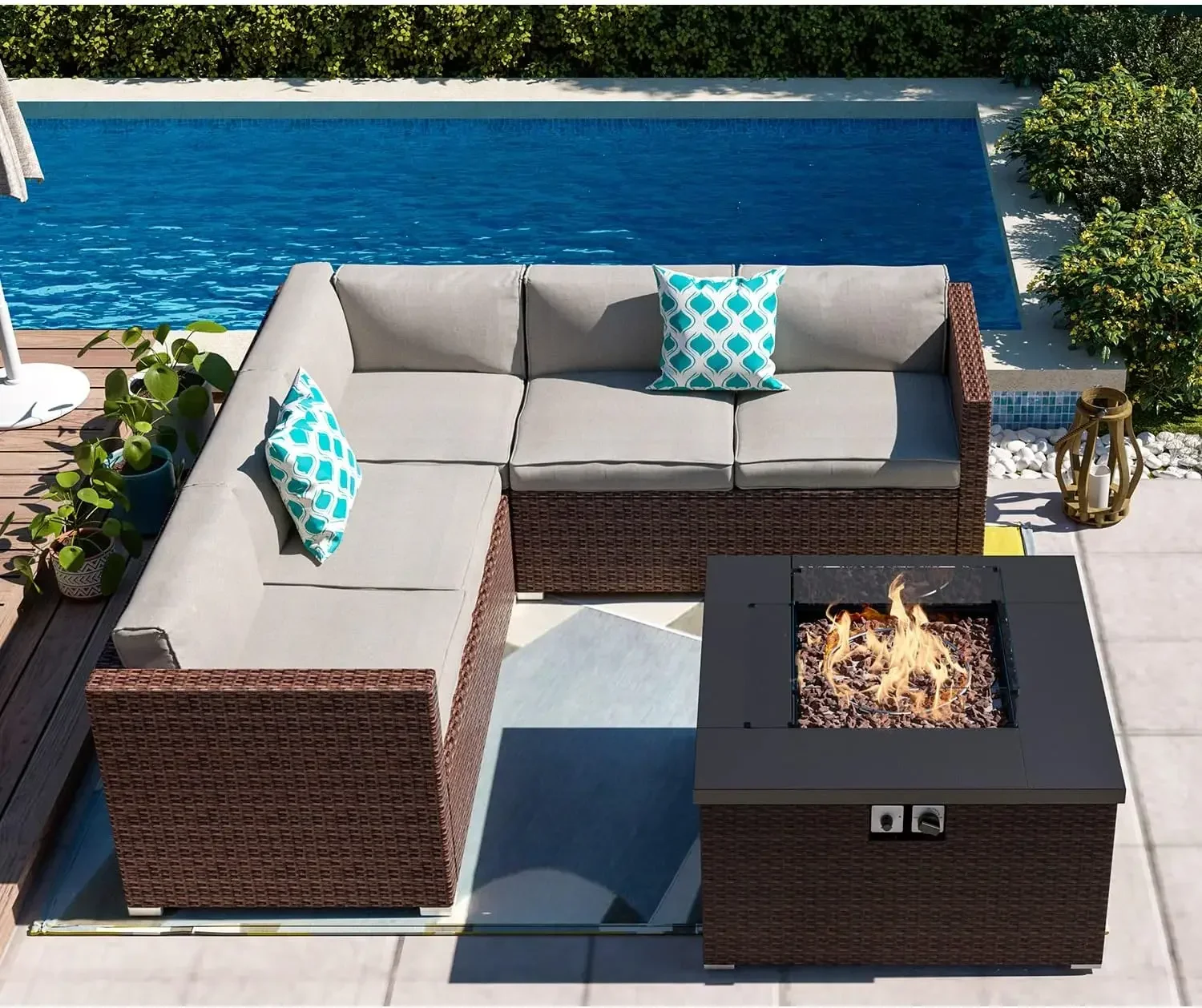 

Furniture Sectional Sofa w Fire Pit Table,Outdoor Furniture Set Propane Fire Table w Glass Wind Guard,Patio Conversation Set