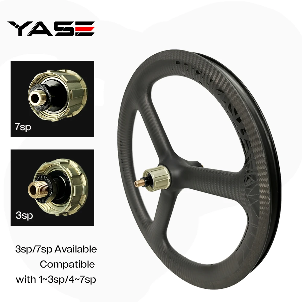 YASE 16inch 349 3 spokes carbon wheels V brake 3/7 speed 950g brompton bicycle carbon wheelset 74/112mm