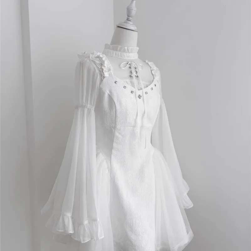 Autumn Japanese Lolita Style Short-sleeved Inner Wear Shirt Long Flared Sleeves Black And White Suspender Dress Women's Clothes