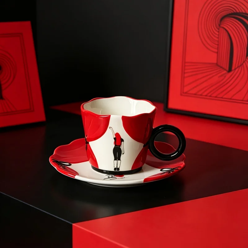 1 Pcs Creative Red Black Back Shadow Girl Ceramics Coffee Glass And Plate Set Fashionable Cappuccino Coffee Mug Dropshipping
