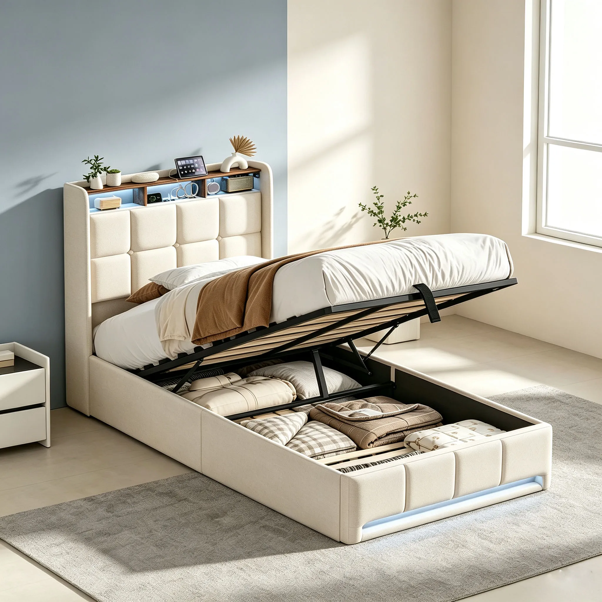 Letto con contenitore idraulico, struttura per letto singolo beige 90x200 cm, rivestimento in lino, testiera alta con bottoni, contenitore sotto il letto per la decorazione di camere da letto e