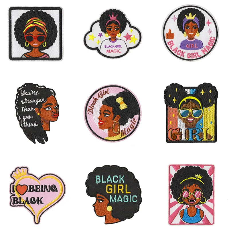 

1/9PCS Cartoon Black Grils Patch Personality Embroidered Clothes Crafts Badges DIY Cartoon Apparel Sewing Supplies for Clothing.