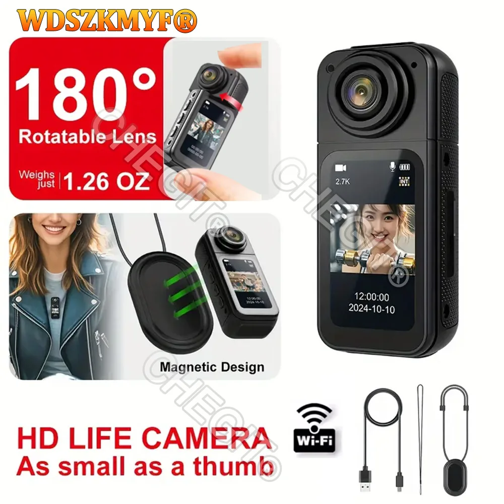 

Экшн-камера Pocket Cam 2,7K/1080P HD 180° ° Вращающаяся мини-спортивная камера Vlog Wi-Fi с магнитным ремешком для путешествий на шлеме