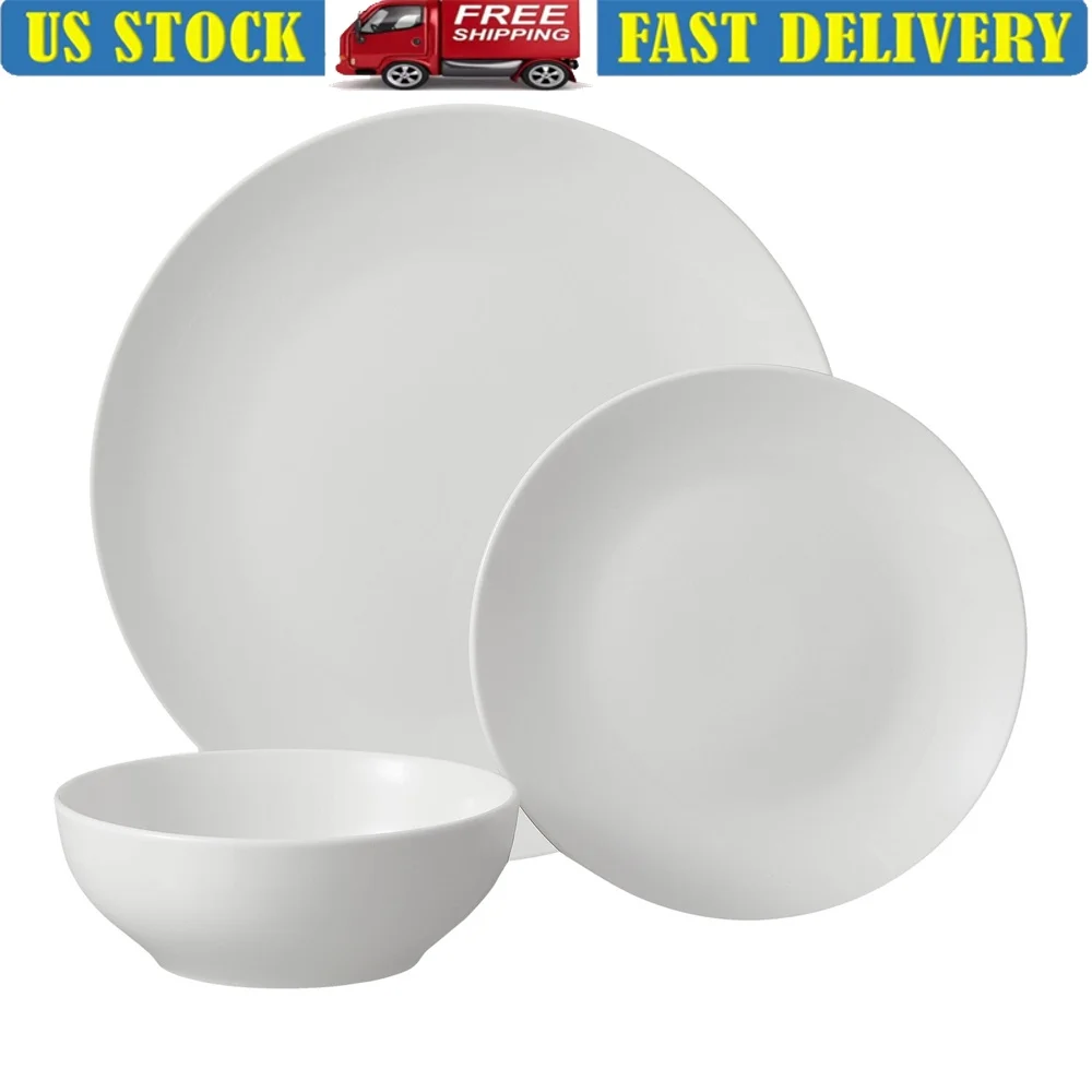 Juego de vajilla de gres blanco esmaltado de 12 piezas, apto para lavavajillas y microondas, incluye platos de cena, cuencos, platos para ensalada duraderos