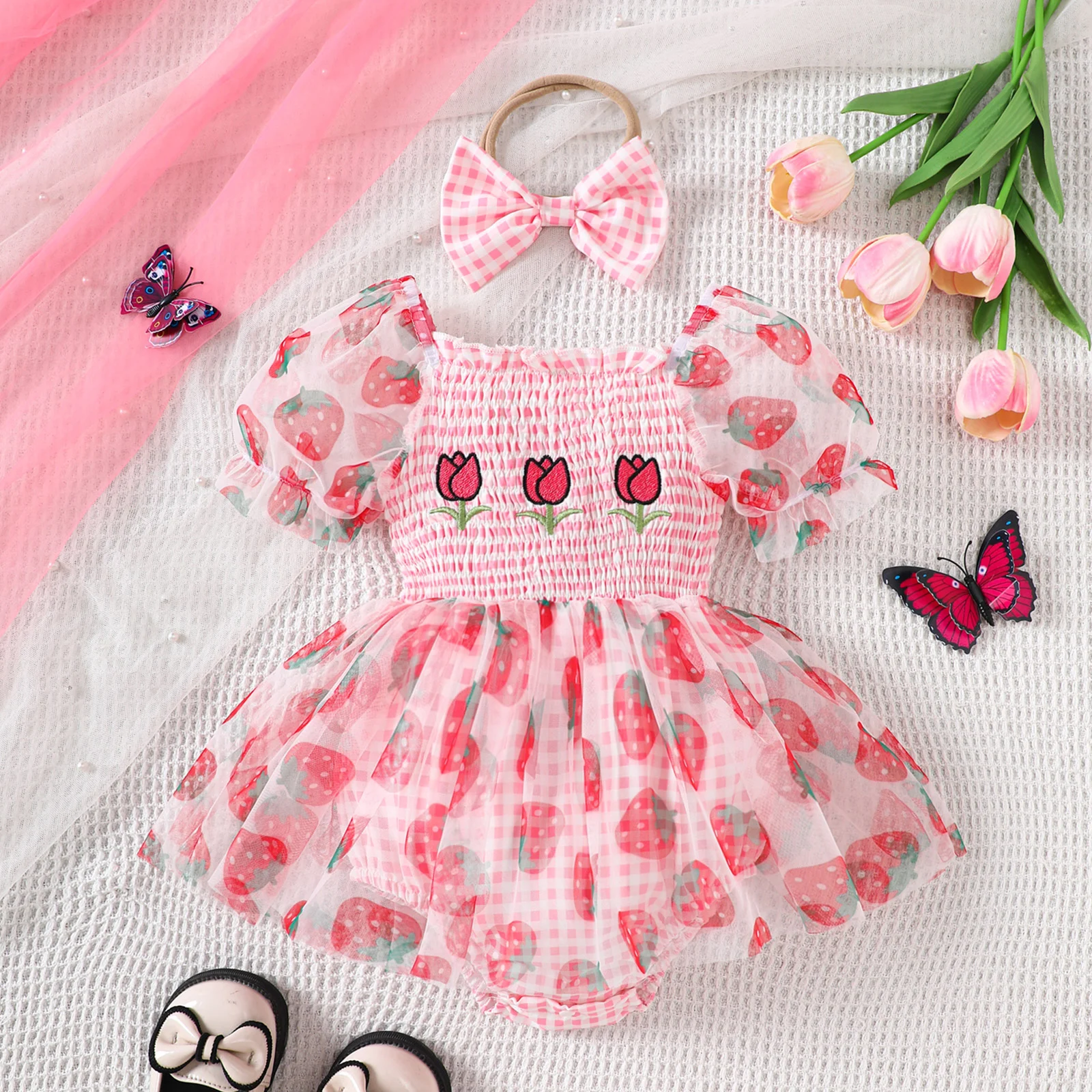 

Baby Girl Summer Outfits Short Sleeve Embroidery Smocked Romper Dress with Headband Set Newborn Clothes