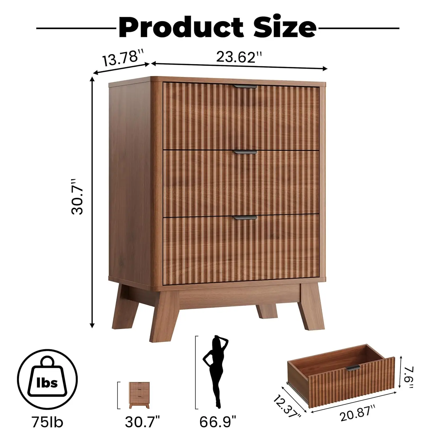 Walnut Nightstand 3 Drawers, Mid Century Modern Wooden Bedside & End Table Metal Handles, Bedroom Furniture, Customized
