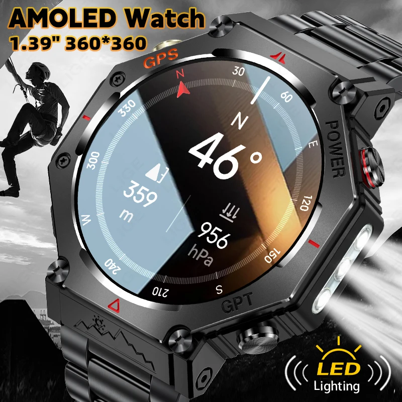 LUIK Robuuste buitensport GPS-padtracking Smart Watch met zaklamp Kompas 3ATM Waterdichte Bluetooth-oproep Heren Smartwatch