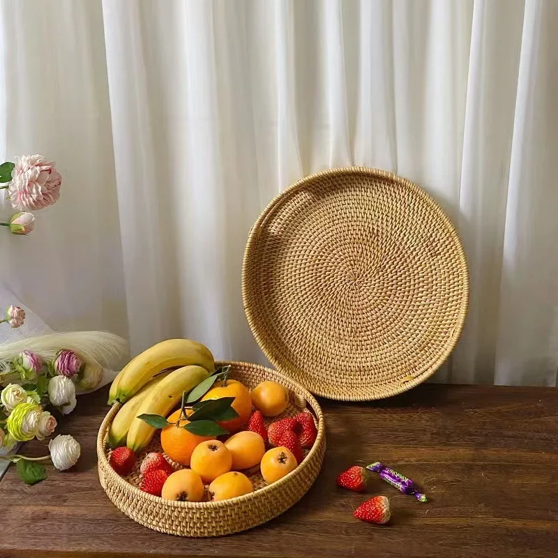 Cestino portaoggetti in Rattan intrecciato a mano TrayTea Fruit Round Case con manico tè pomeridiano vassoio per frutta cestino portaoggetti vassoio