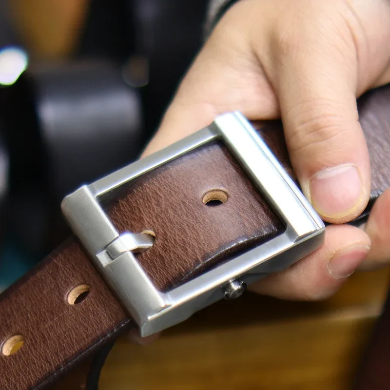 3,8 cm/1,5 Zoll dunkler Ledergürtel mit eingeriebener Oberseite, genarbtes Leder, verdickte Edelstahlschnalle, Herren-Retro-Casual-Taillengürtel