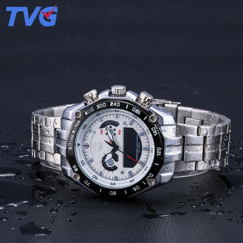 Men Watch Stainless Steel Japan Quartz Wirstwatch Dual Movement LED Display Sport Waterproof 5 BAR Military Male Clock TVG3168