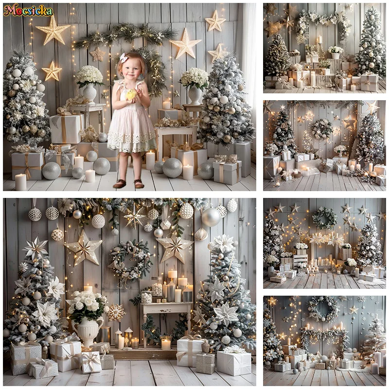 

Mocsicka White Christmas Photography Background Xmas Tree Candles Gifts Wooden Wall Backdrop Booth New Year's Eve Photo Studio